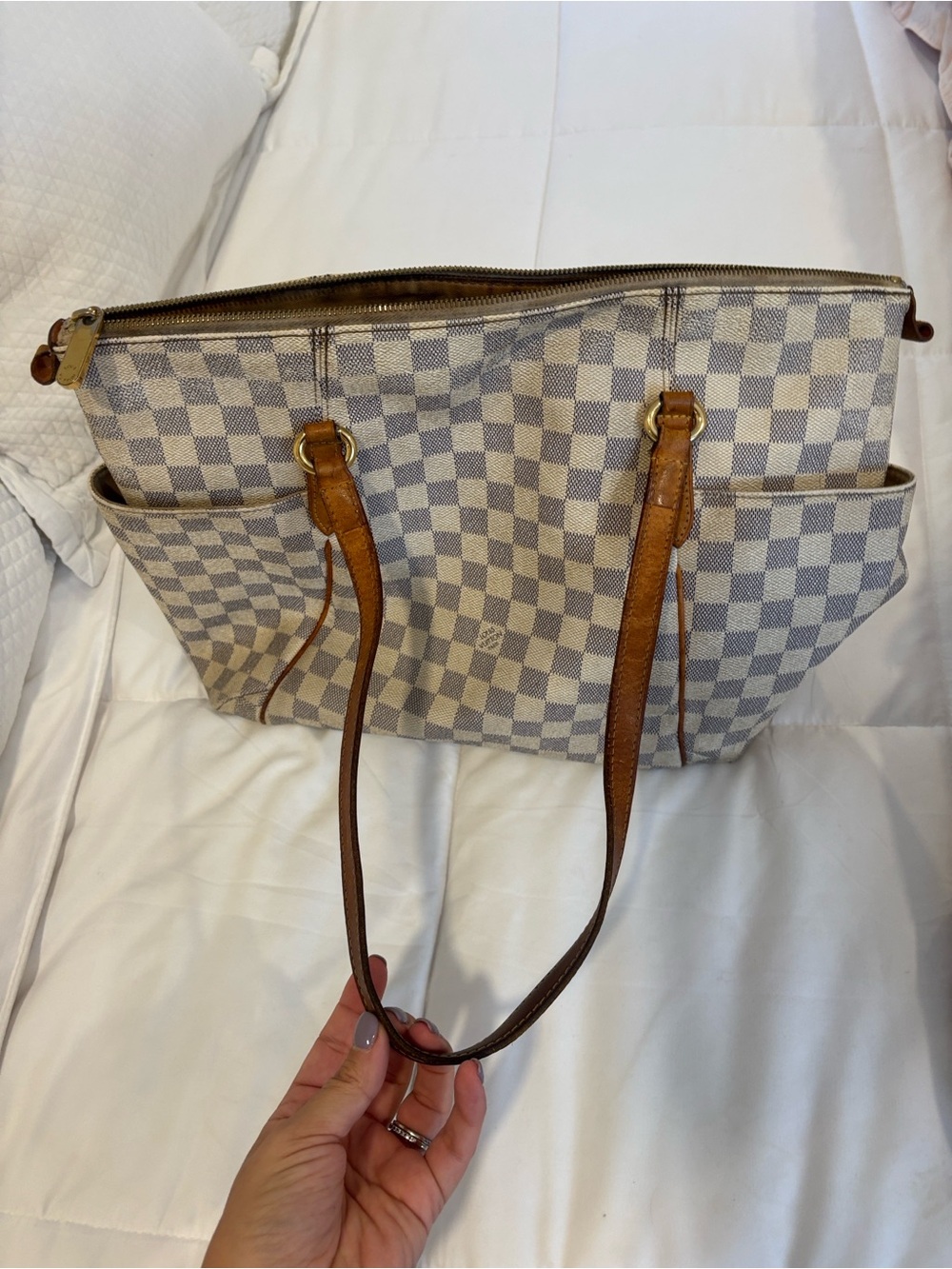Canvas Checkered Tote Bag with Brown Leather Straps